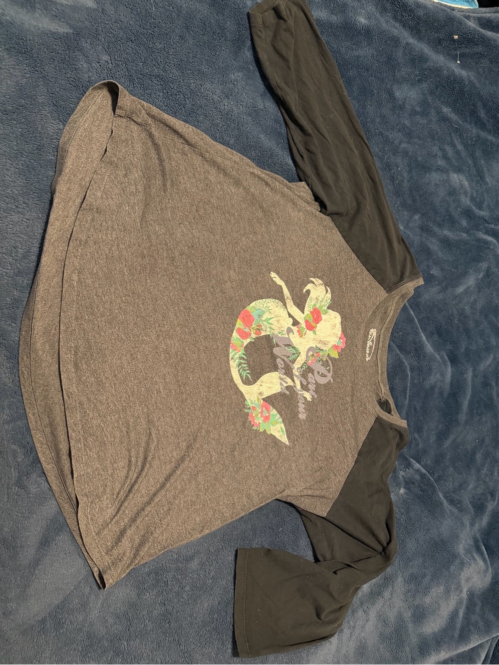 Disney ladies  & Black Raglan Tee with Colorful Floral Mermaid Graphic